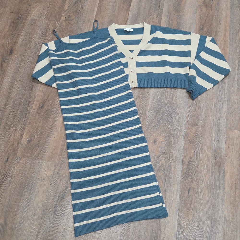 Mable 2 Piece Knit Set Striped Midi Dress and Cropped Cardigan Teal Cream L